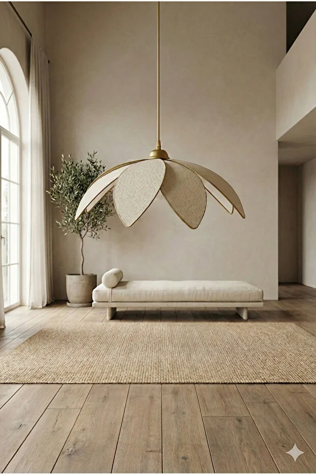 Lotus Çiçeği Tasarımlı Modern Avize - Eskitme Çerçeveli Kumaş Kaplama